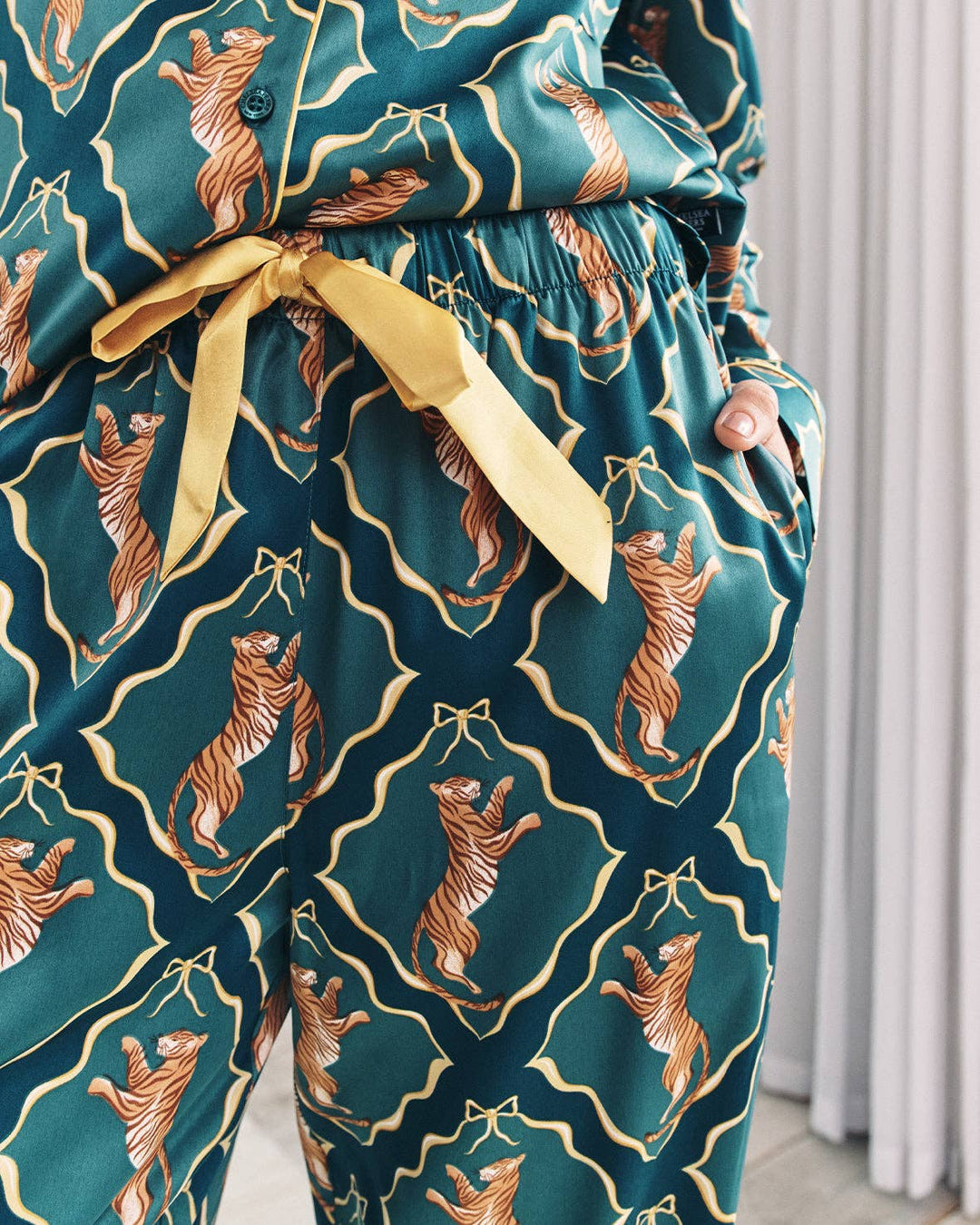 Satin Gilded Tiger Print Long Pyjama Set: UK 12