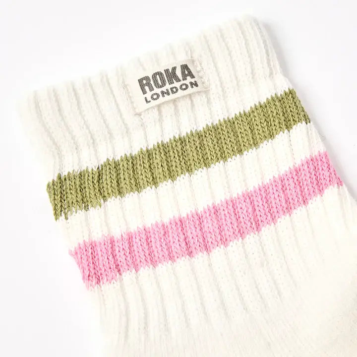 Windsor Stripe Crew Socks for Women in Avocado/Pink Carnation: UK 3-8 | EU 36-42