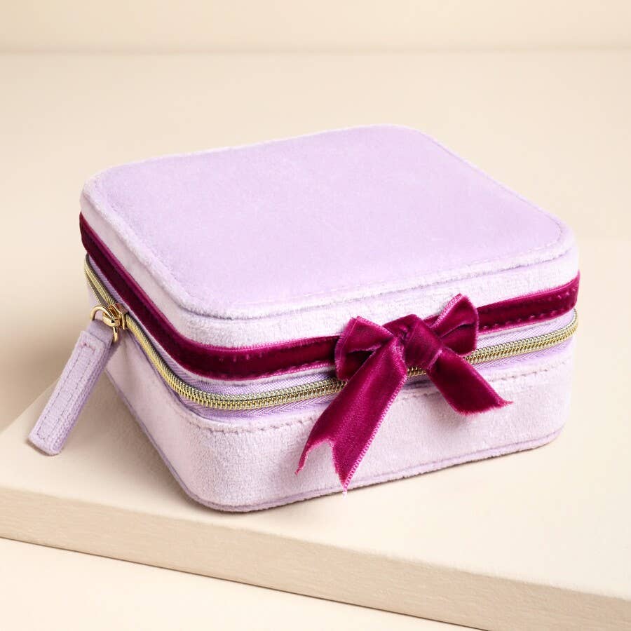 Pink and Burgundy Velvet Bow Square Travel Jewellery Case