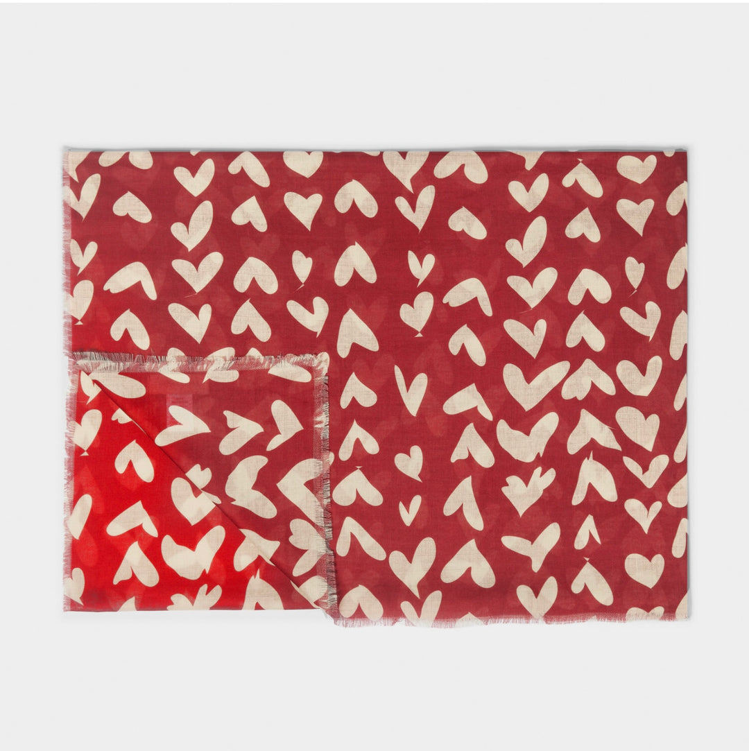 ABSTRACT HEART PRINTED SCARF IN GARNET RED AND NUDE PINK