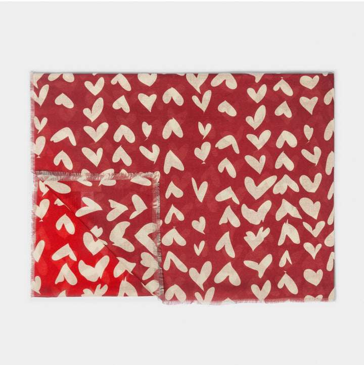 ABSTRACT HEART PRINTED SCARF IN GARNET RED AND NUDE PINK