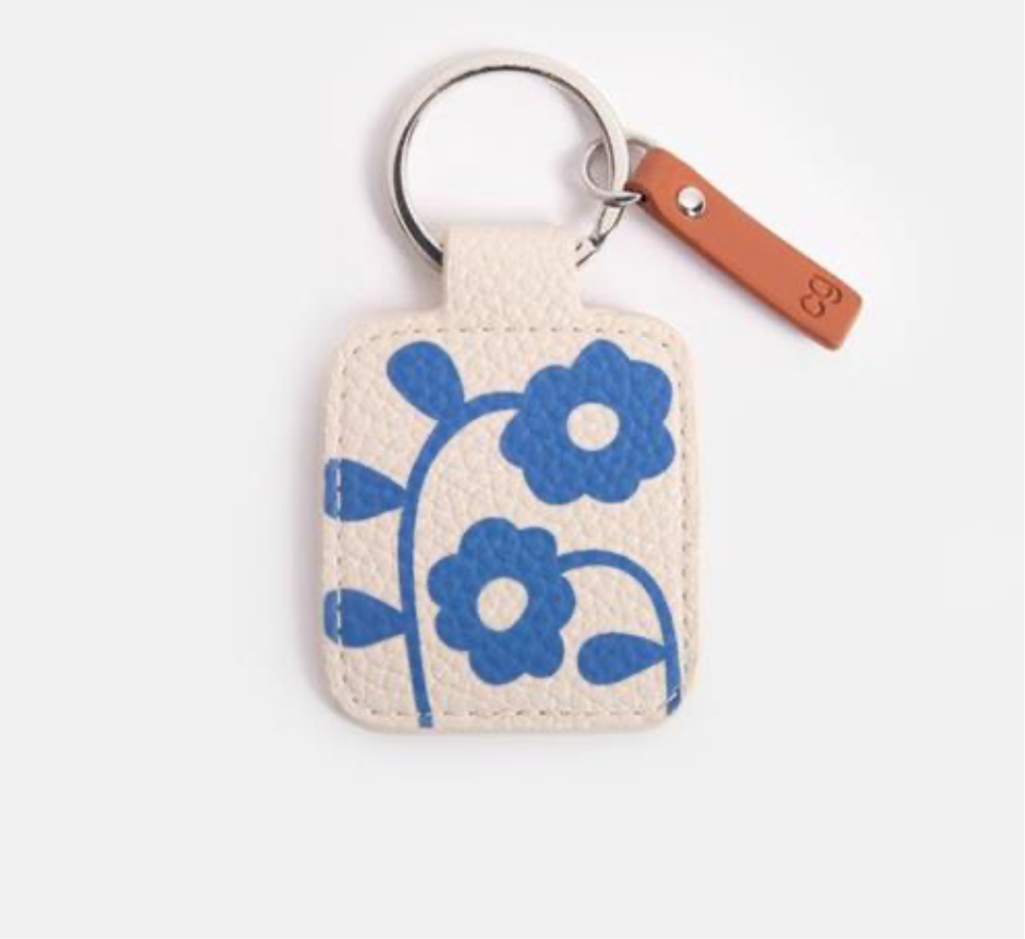 BLUE MONO FLOWER TABBED KEYRING