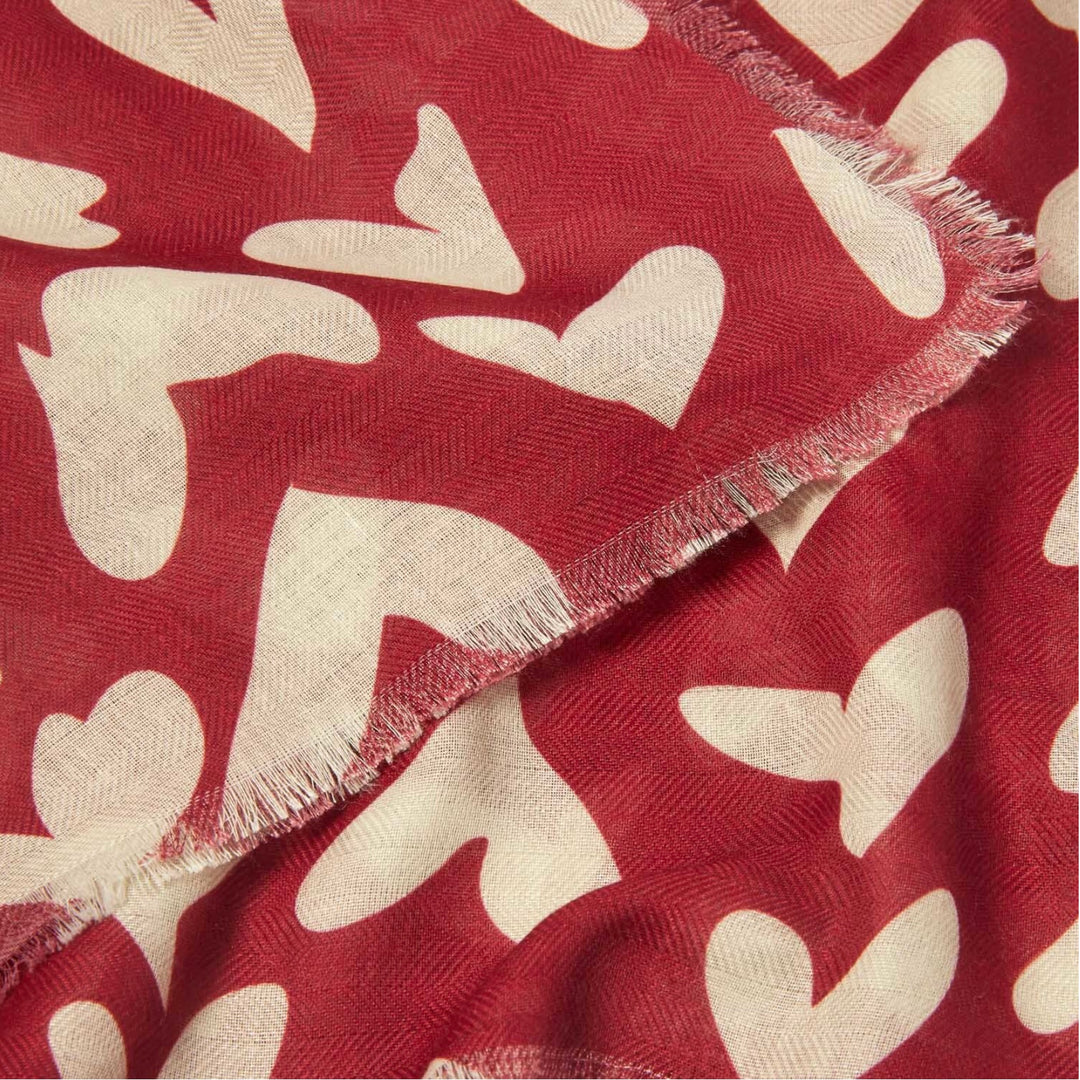 ABSTRACT HEART PRINTED SCARF IN GARNET RED AND NUDE PINK