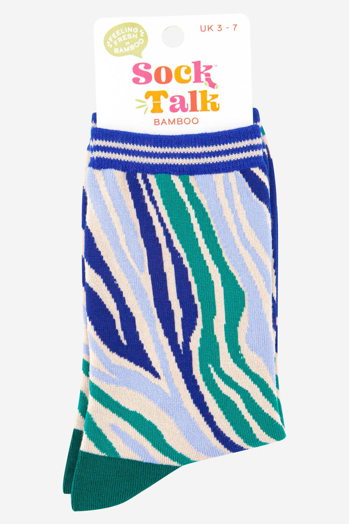Women's Zebra Print Bamboo Socks in Green Blue: UK 3-7 | EU 36-40