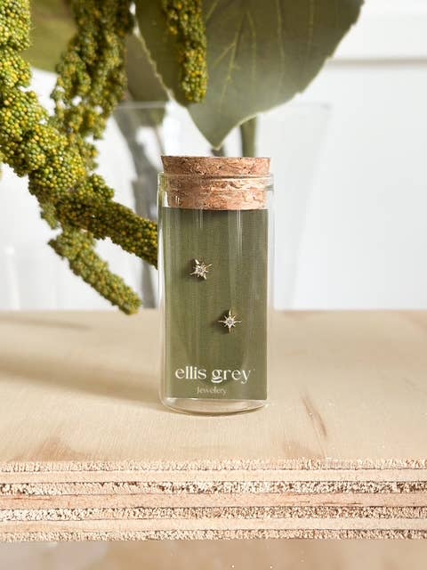 Glass Vial -18k Gold CZ Star Stud Earrings