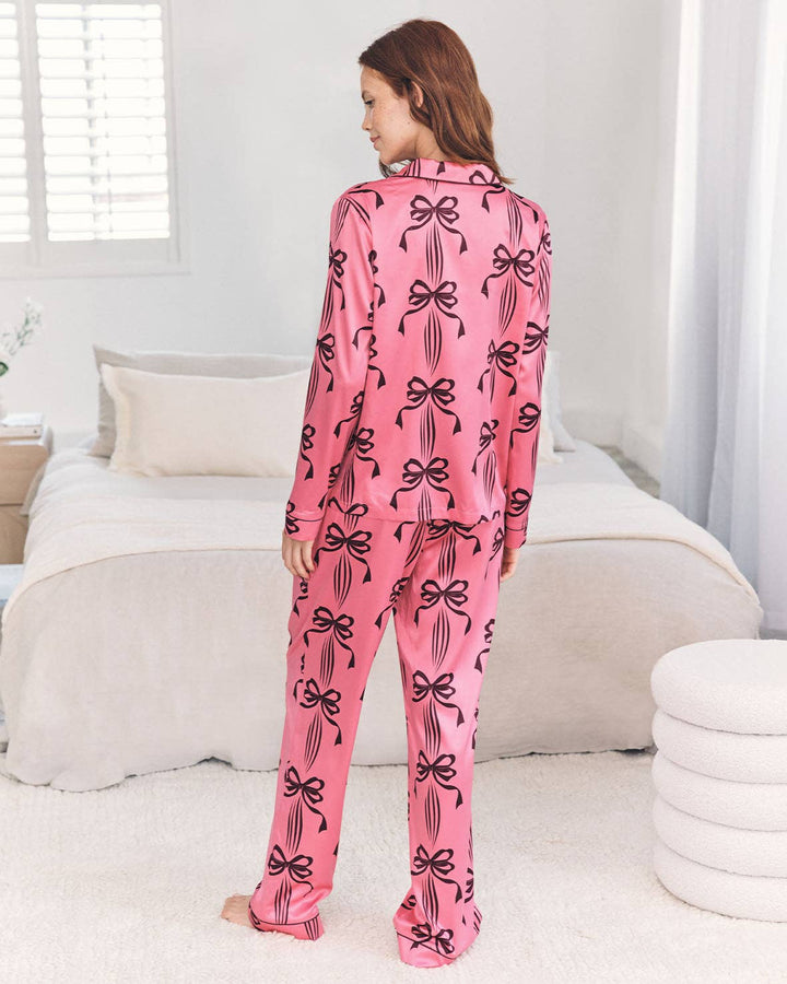 Satin Bow Print Long Pyjama Set: UK 12