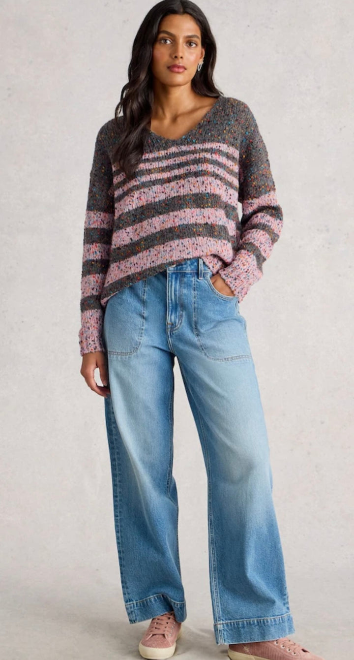 GREY MULTI PINK STRIPE TEXTURED V NECK JUMPER