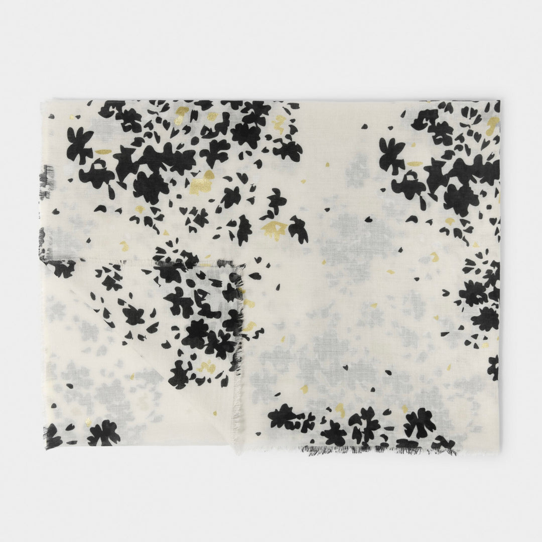 FLORAL BURST PRINTED FOIL SCARF IN OF WHITE, BLACK AND GOLD