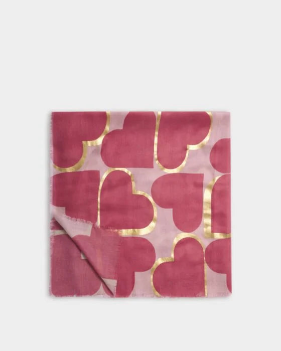 PRINTED FOIL SCARF HEART TILE PINK RASPERRY GOLD FOIL