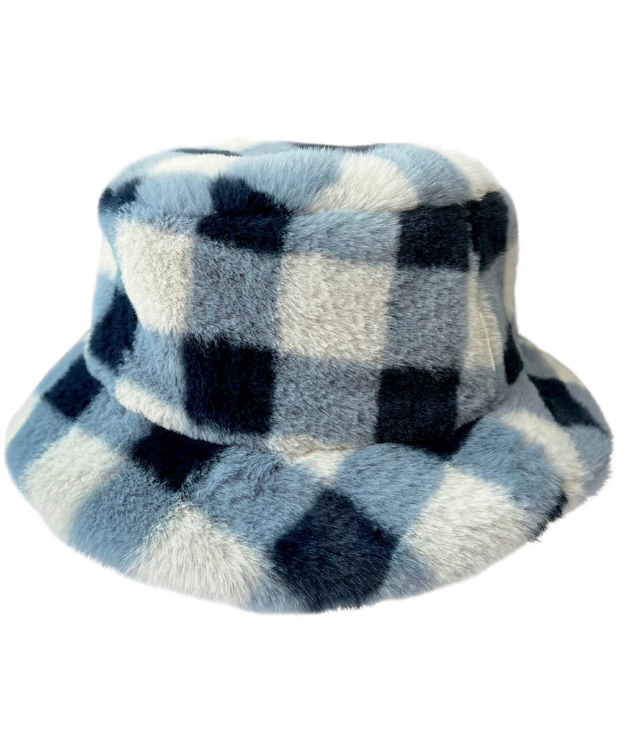 FURRY CHECKED BUCKET HAT BLUE