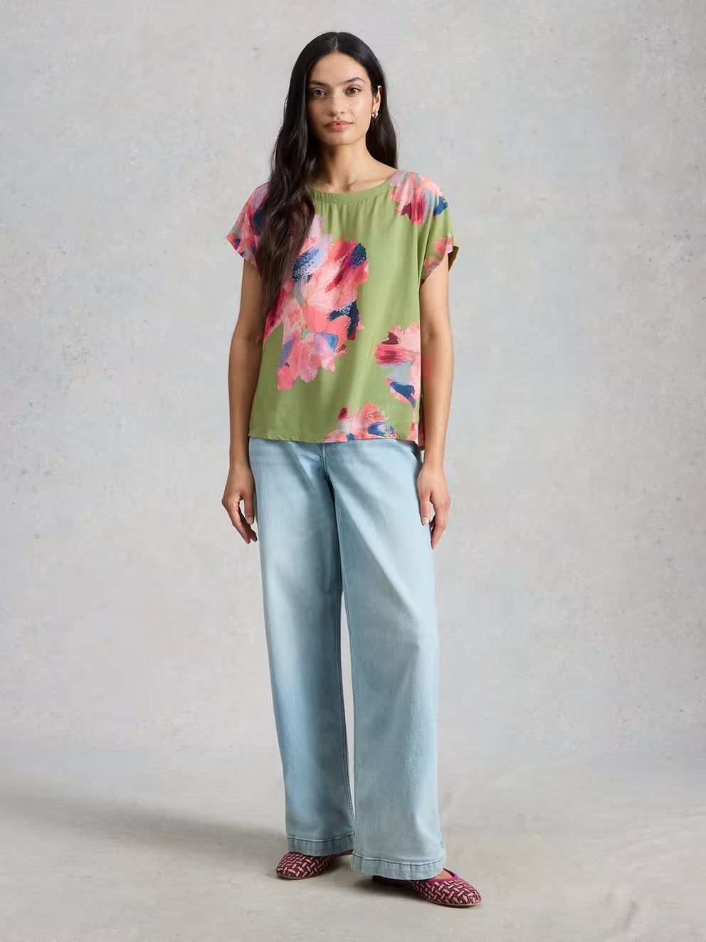 WOVEN MIX TEE GREEN PRINT