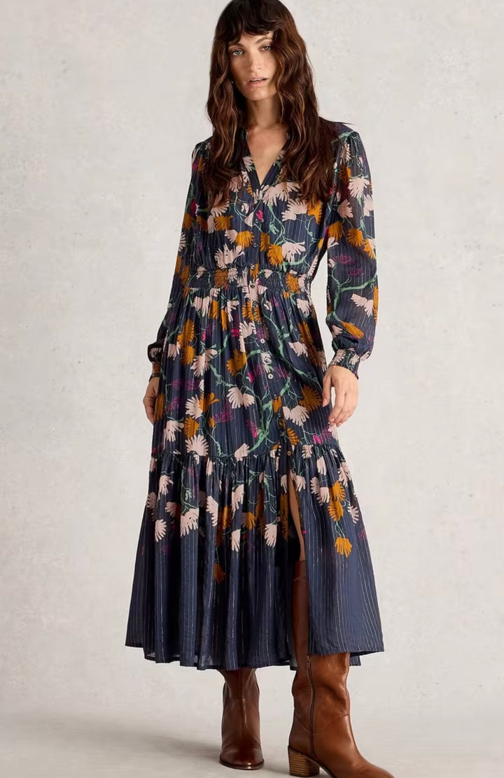 YUKI METALLIC MIDI DRESS NAVY PRINT