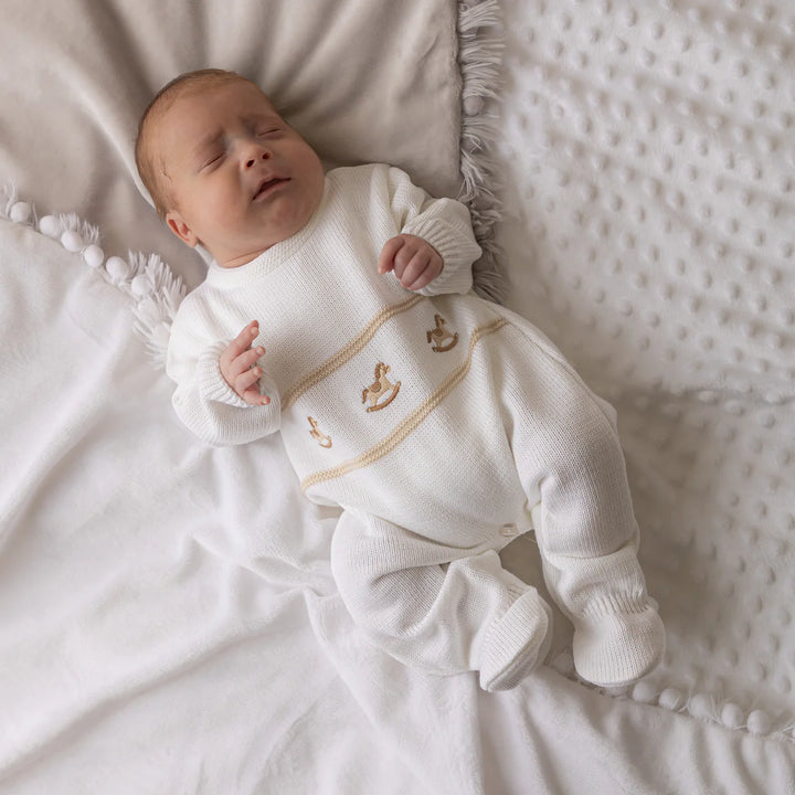 ROCKING HORSE KNITTED ONESIE WHITE 0-3 MONTHS