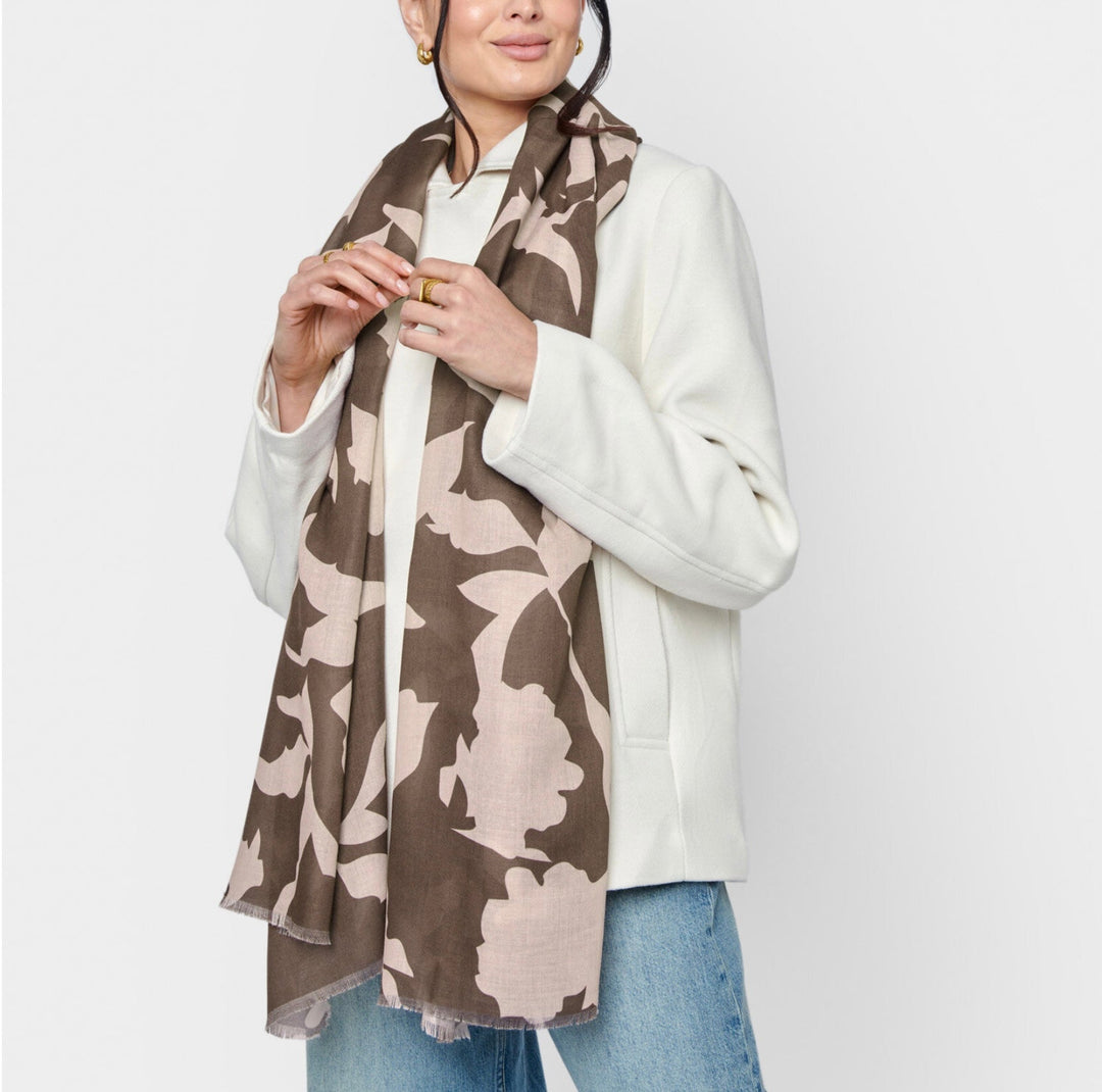 ABSTRACT FLORAL PRINTED SCARF IN CHOCOLATE AND NUDE PINK