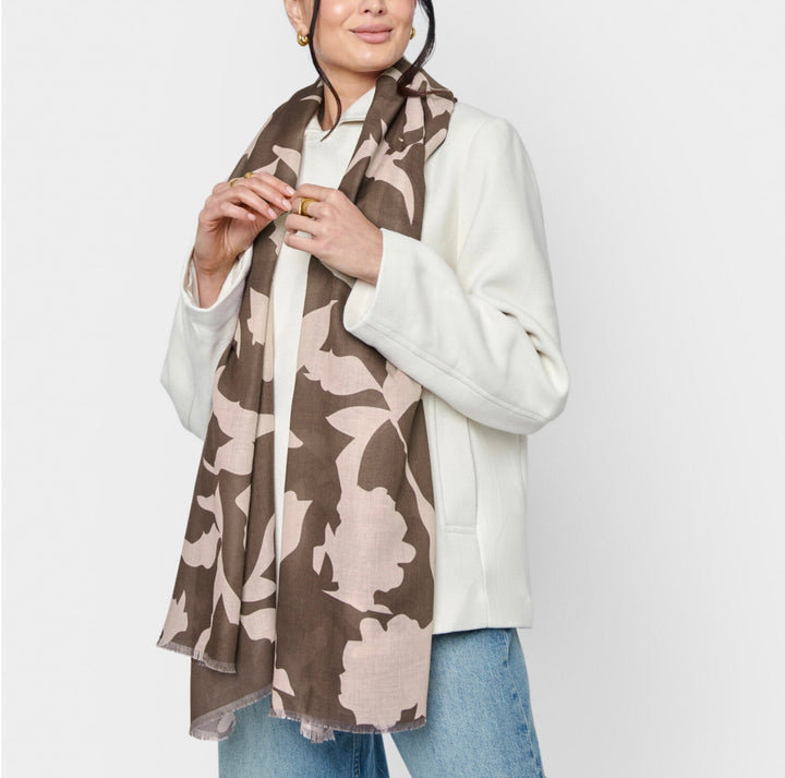 ABSTRACT FLORAL PRINTED SCARF IN CHOCOLATE AND NUDE PINK