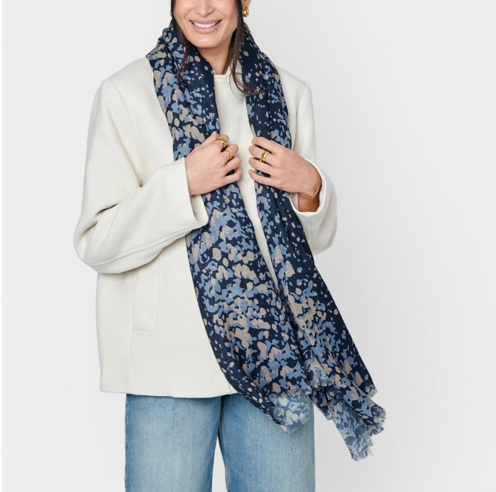 SCATTERED DOT PRINTED SCARF IN BLACK, TAUPE AND NAVY