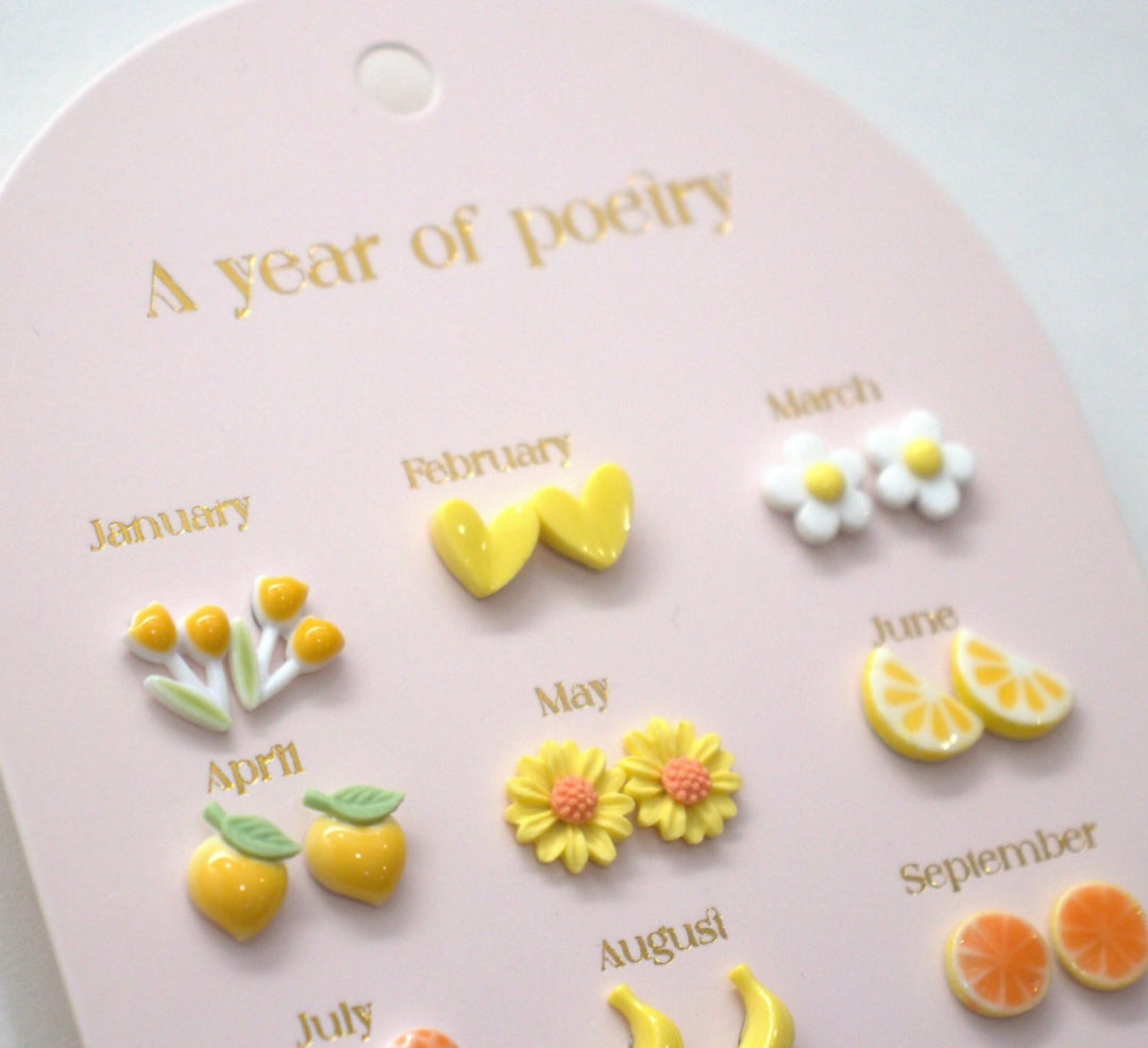 SET OF 12 PAIRS OF NICKEL-FREE CERAMIC EARRINGS – A YEAR OF VIVID POETRY