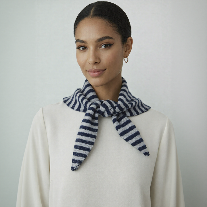 Striped Wool Blend Light Weight Triangle Neck Scarf: Navy Grey