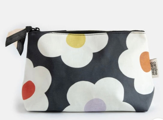 MULTI FLOWER CHARCOAL COATED CANVAS BEAUTY BAG