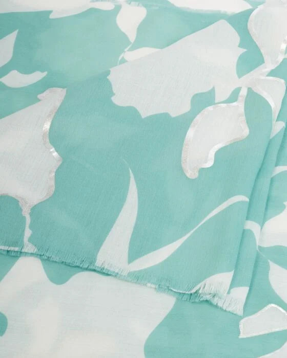 PRINTED FOIL SCARF FLORAL SAGE OFF WHITE SILVER