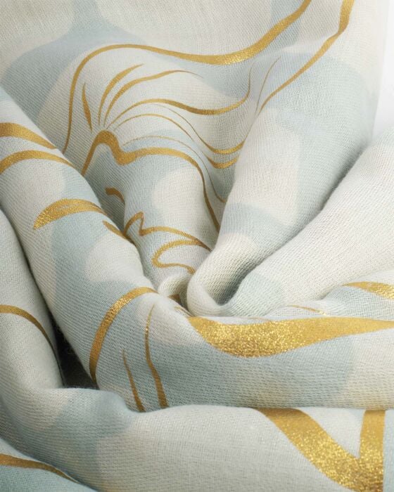 PRINTED FOIL SCARF | GOLDEN FLORAL LINE | GREEN MIST  / OFF WHITE / GOLD FOIL