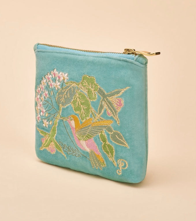 VELVET EMBROIDERED AQUA HUMMINGBIRD MINI POUCH