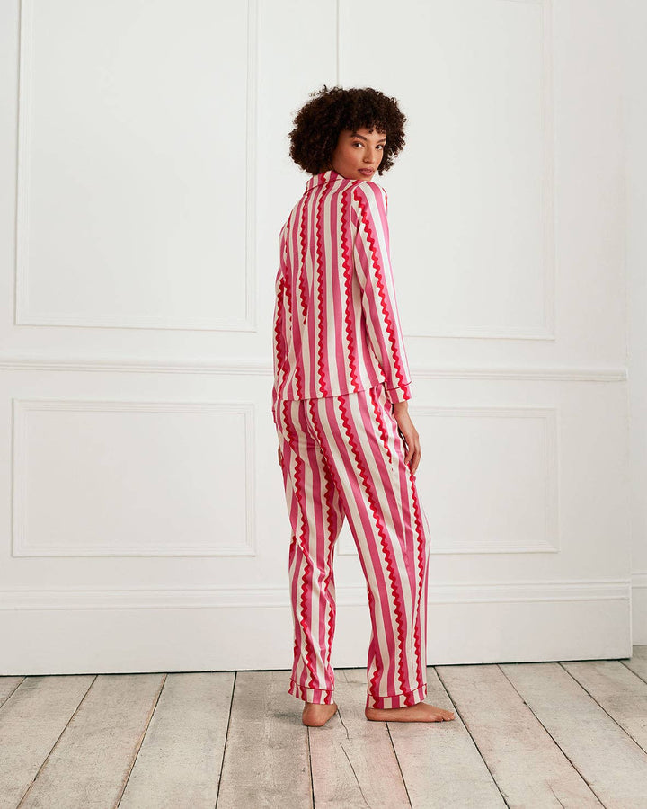 Satin Heart Pocket Striped Long Pyjama Set: Pink / UK 16