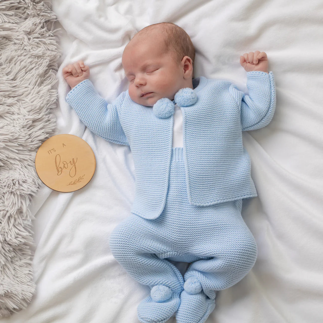 KNITTED POM POM TOP & TROUSER BLUE 0-6 MONTHS