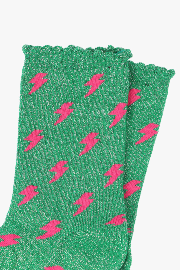 Green Pink Lightning Glitter Socks with a Scalloped Cuff: UK 3-7 | EU 36-40 | US 5-9