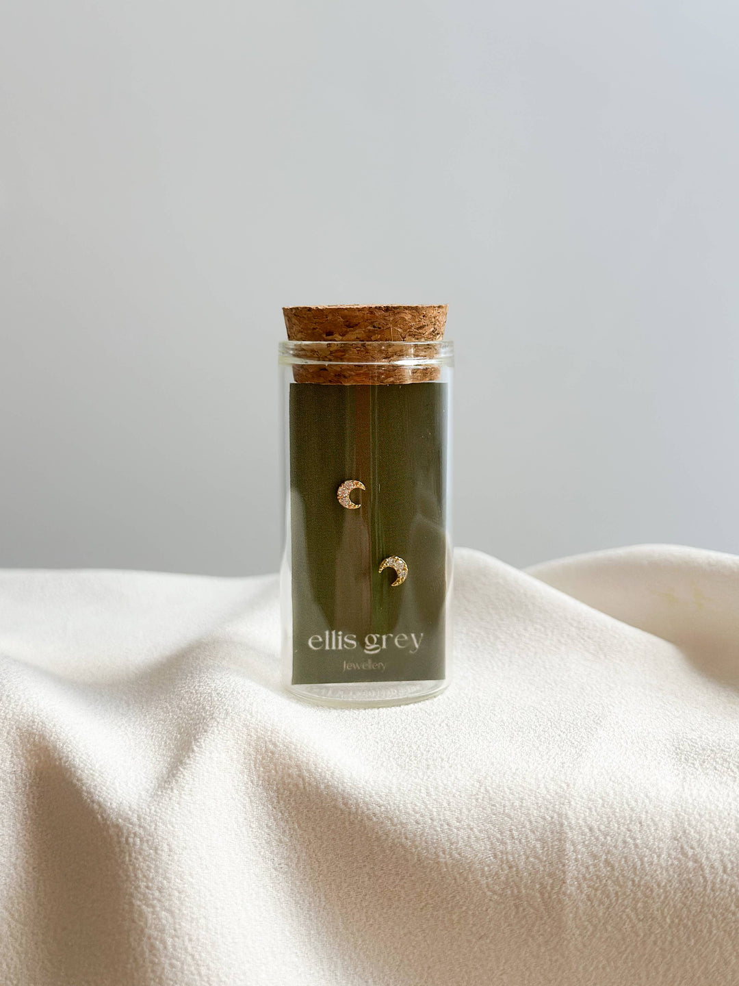 Glass Vial - 18k Gold CZ Crescent Moon Stud Earrings