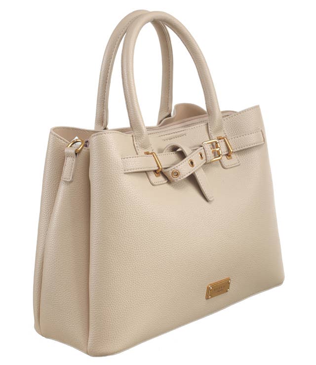 PEBBLED BELTED TOTE: TAUPE