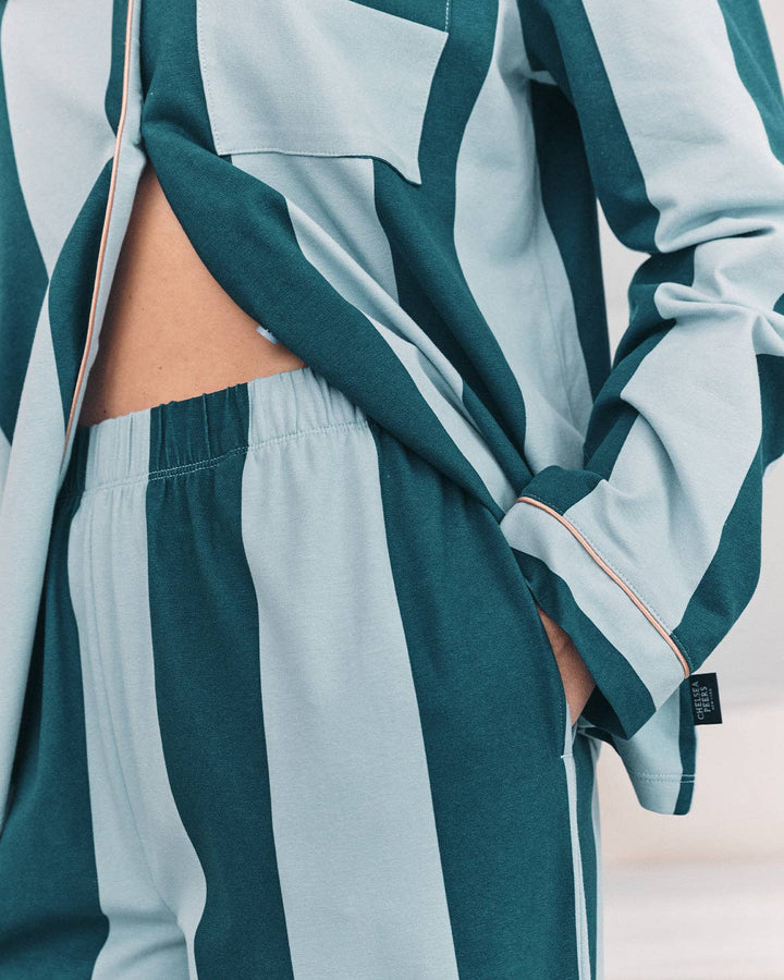 Organic Cotton Stripe Long Pyjama Set - Blue: UK 6