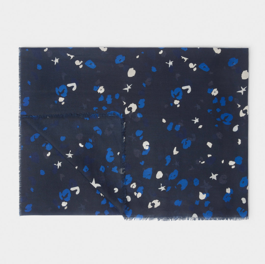 CONFETTI STAR PRINTED FOIL SCARF IN NAVY, WHITE AND SILVER