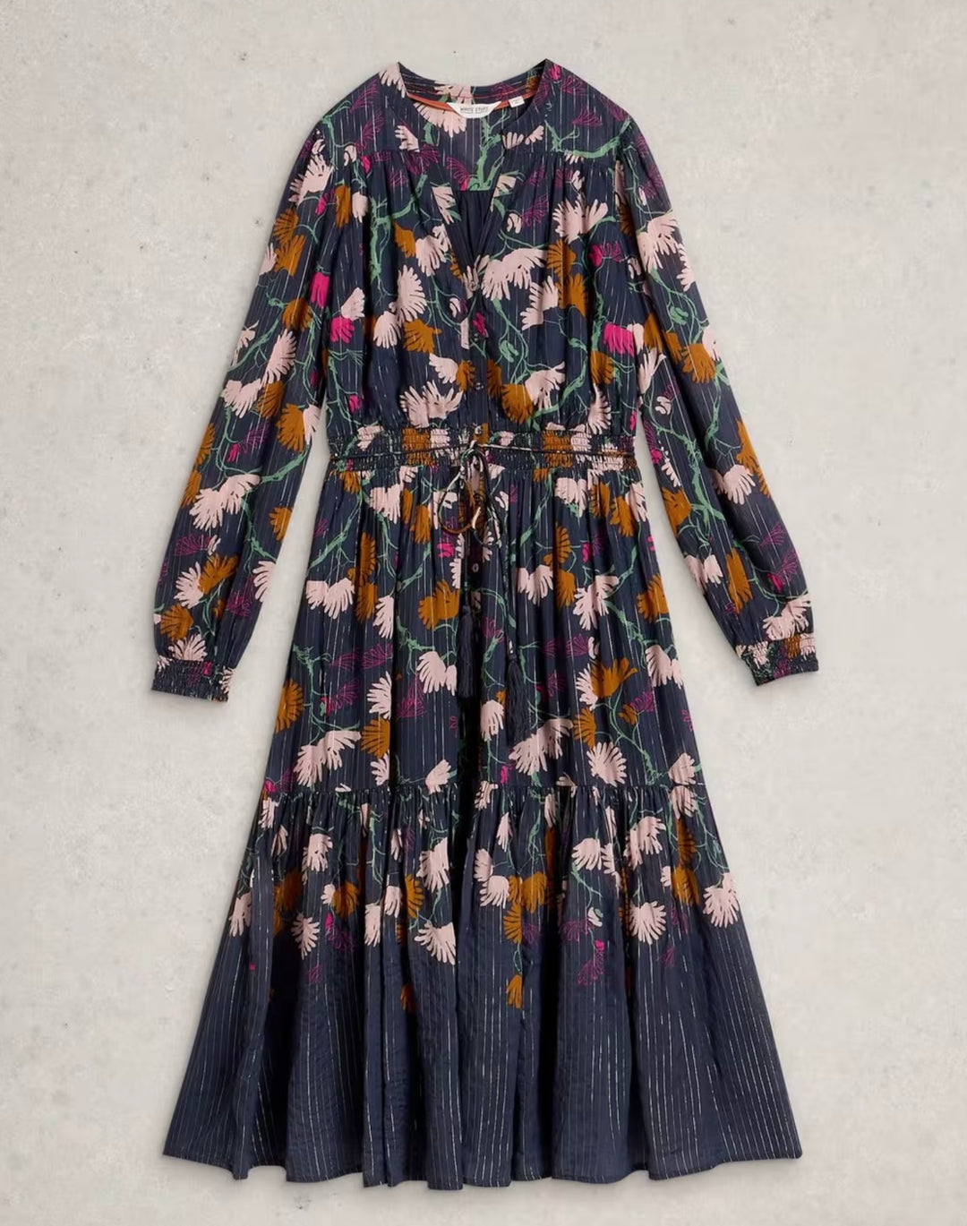 YUKI METALLIC MIDI DRESS NAVY PRINT