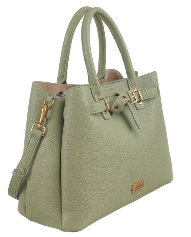 PEBBLED BELTED TOTE: TAUPE