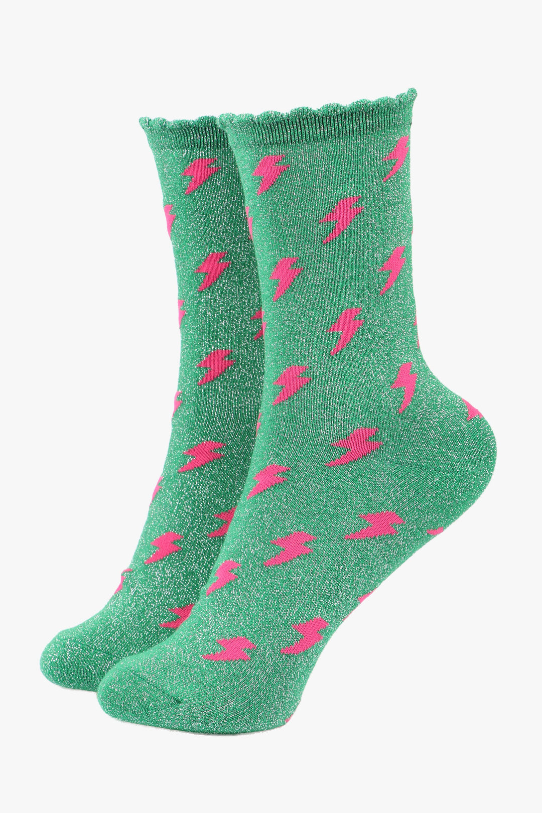 Green Pink Lightning Glitter Socks with a Scalloped Cuff: UK 3-7 | EU 36-40 | US 5-9