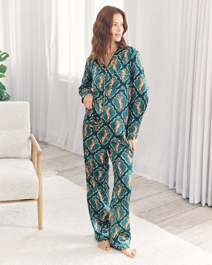 Satin Gilded Tiger Print Long Pyjama Set: UK 12