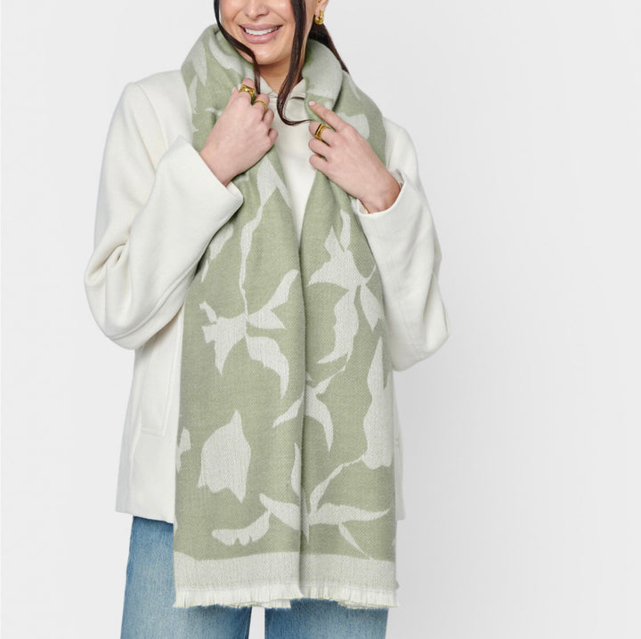 ABSTRACT FLORAL PRINTED BLANKET SCARF IN SAGE AND OFF WHITE