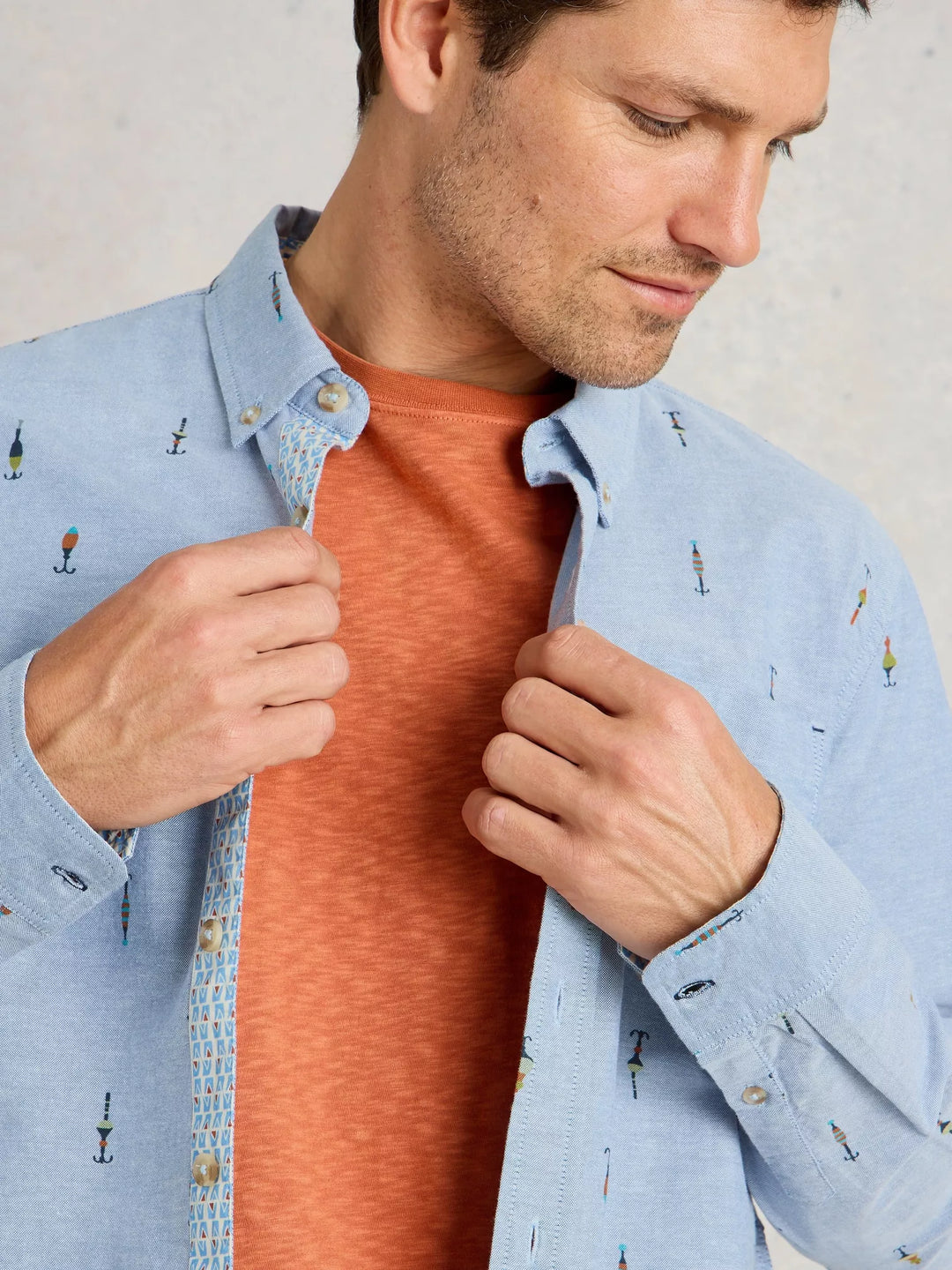 FINSBURY FISHING PRINT SHIRT BLUE CHAMBRAY