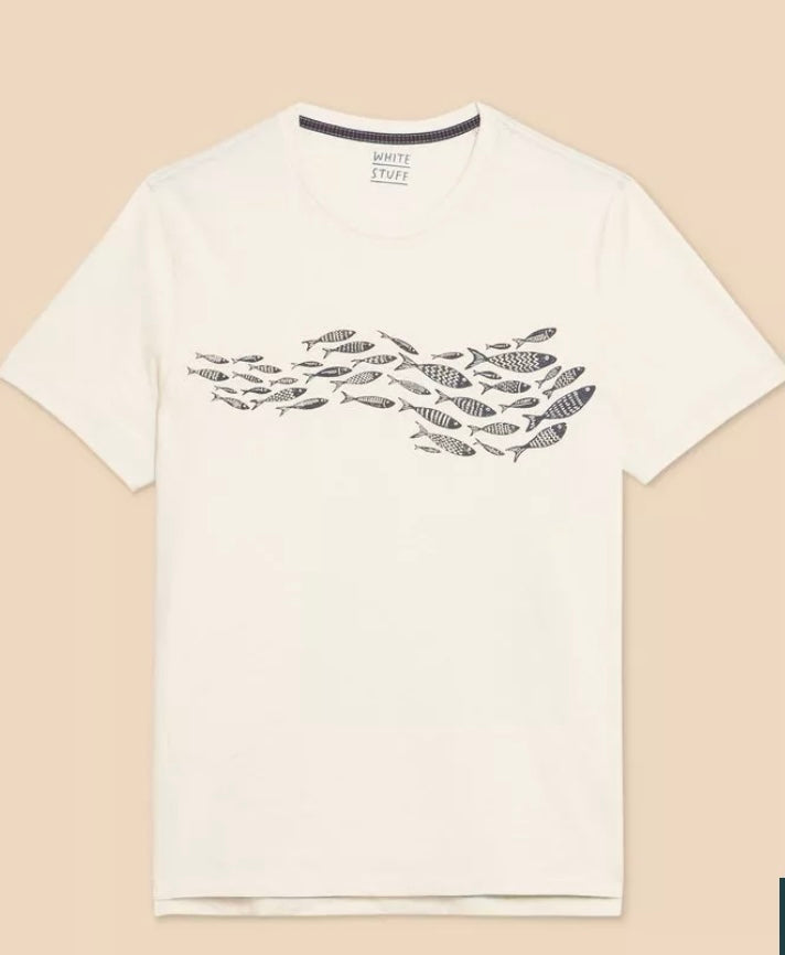 WHITE PRINT SHOAL FISH GRAPHIC TEE