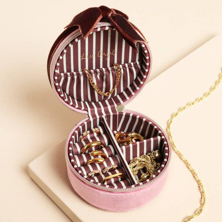 Pink and Burgundy Velvet Bow Mini Round Jewellery Case