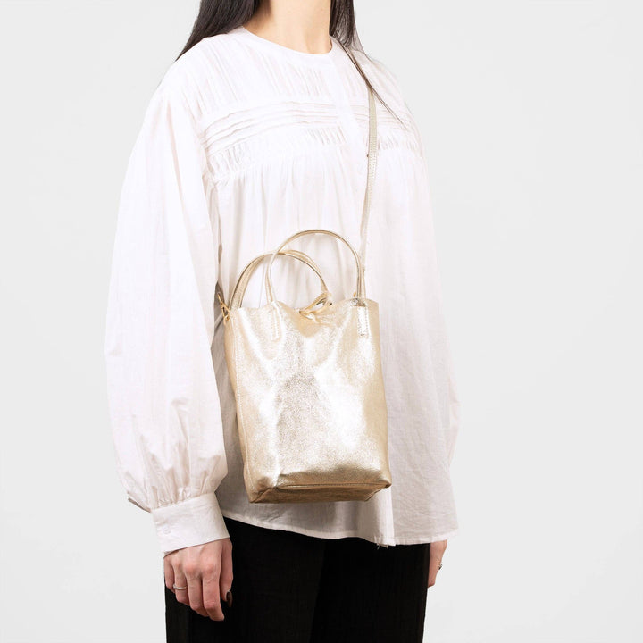 Verona Italian Leather Small Tote Bag - Gold, Metallic: One-size