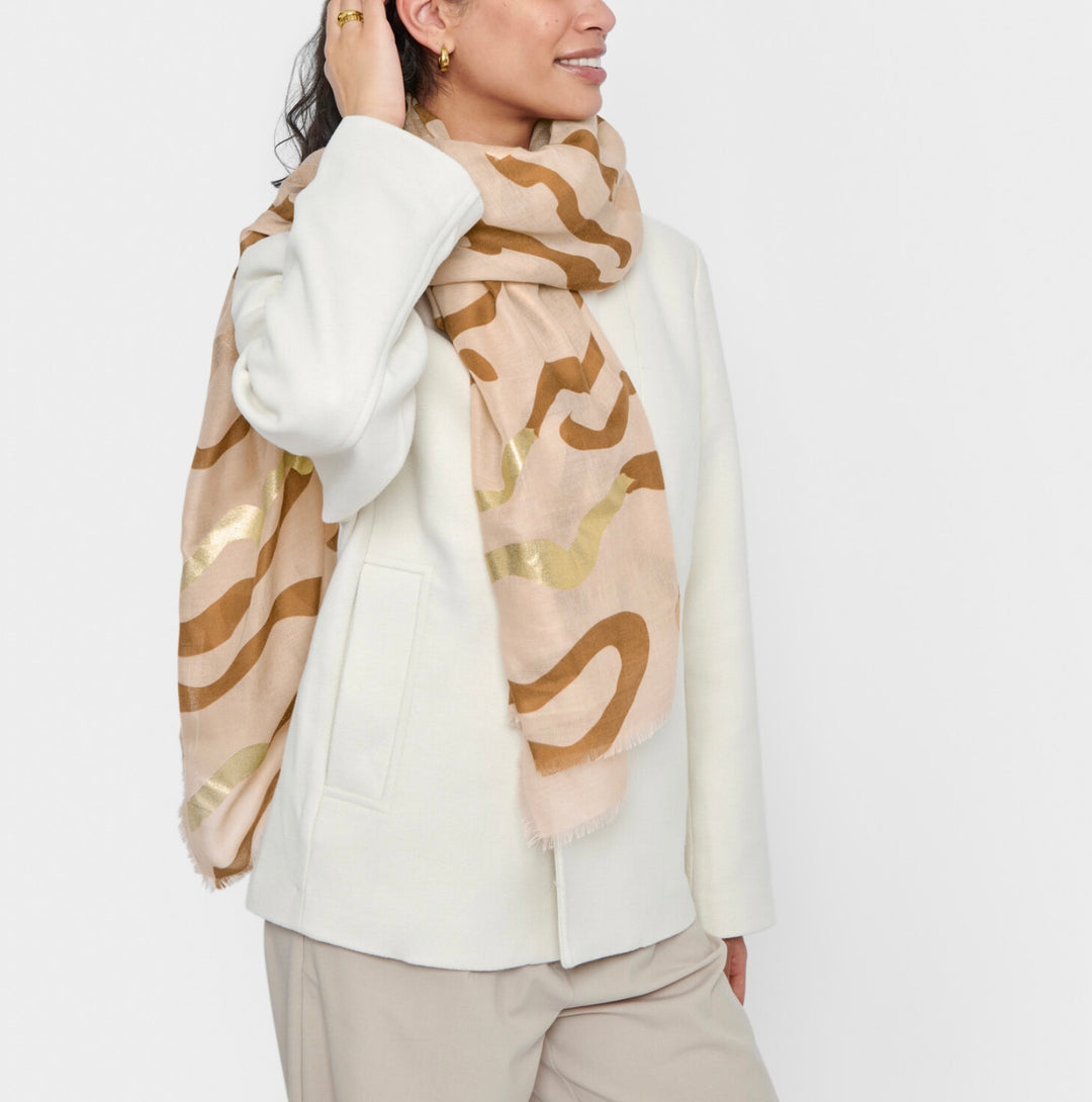 ABSTRACT WAVE PRINTED FOIL SCARF IN NUDE PINK, COGNAC AND GOLD