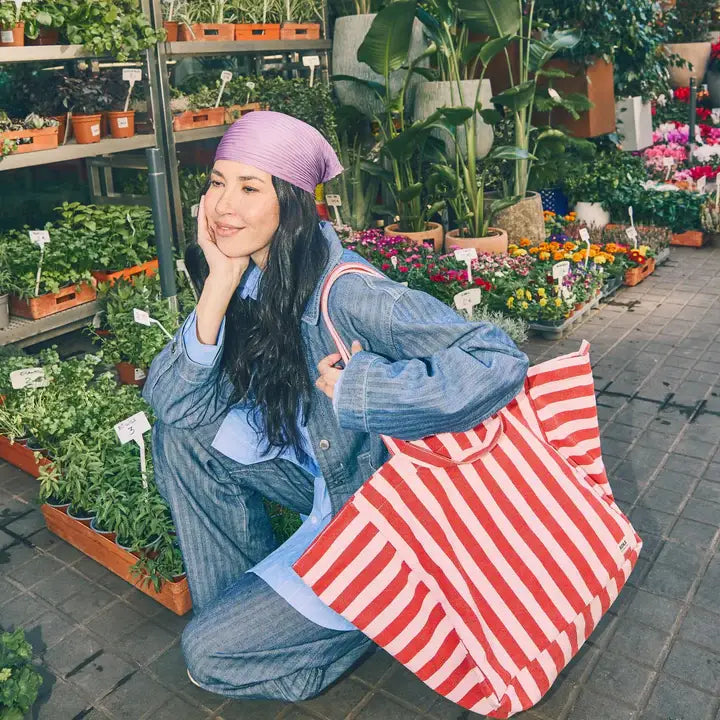 Marylebone Tote Bag in Strawberry Stripe Cotton Canvas: Large