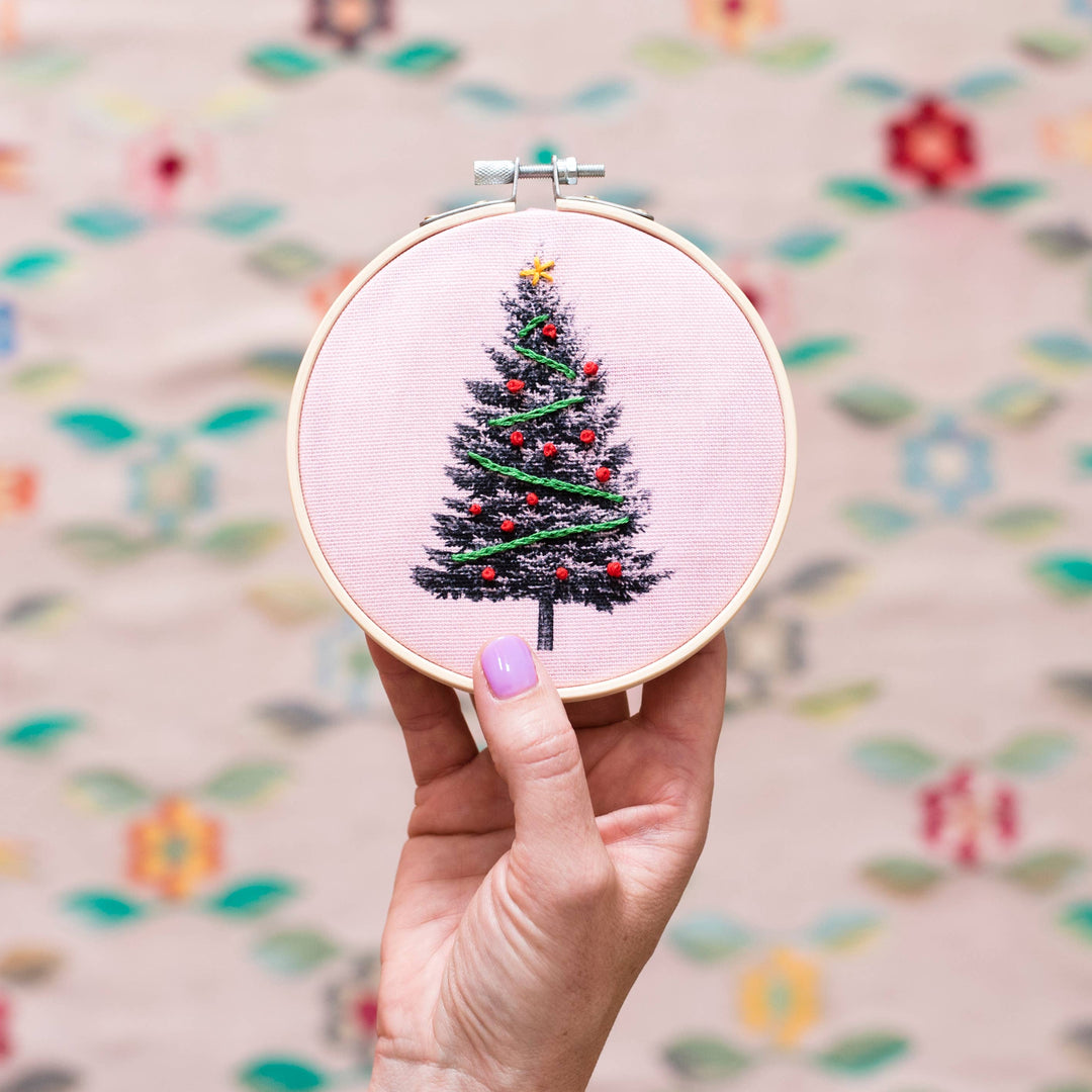 Christmas Tree Embroidery Hoop Kit: Pink