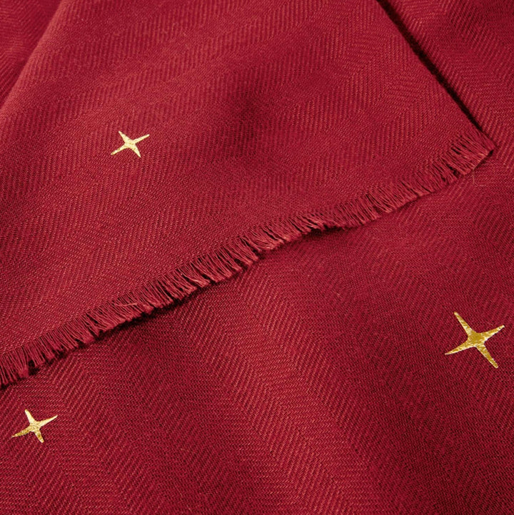 STAR SKY PRINTED FOIL SCARF IN GARNET RED AND GOLD