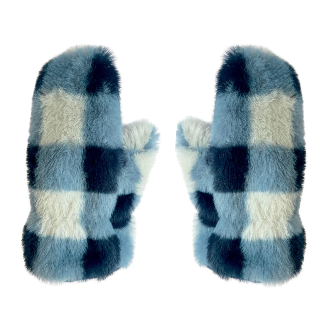 FURRY CHECKED MITTENS BLUE