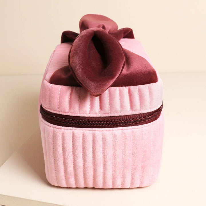 Pale Pink and Red Velvet Bow Vanity Makeup Bag