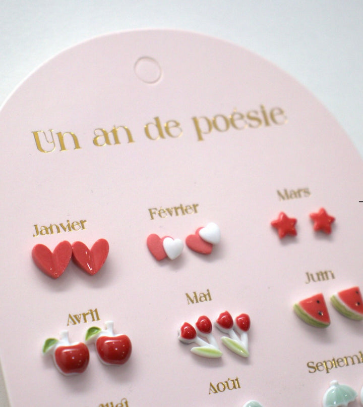 SET OF 12 PAIRS OF NICKEL-FREE CERAMIC EARRINGS - A YEAR OF POETRY RED