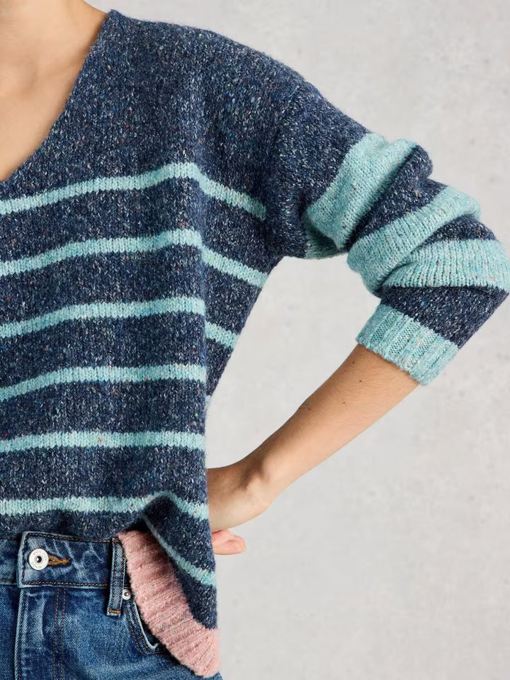 TAMARA STRIPE TEXTURED V NECK BLUE MLT